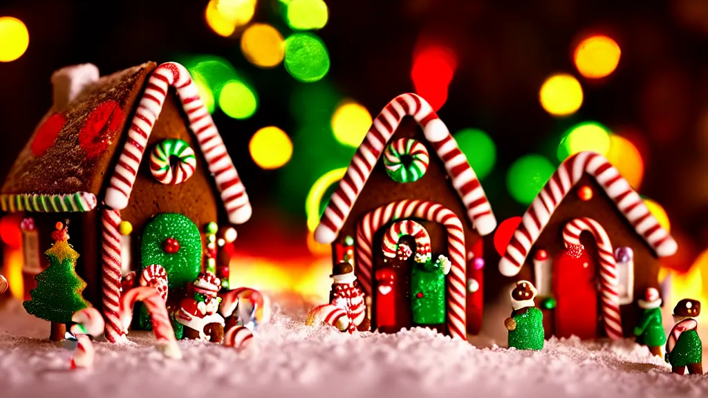 Prompt: closeup of colorful miniature gingerbread house at night, gingerbread people, candy canes, forest, christmas, snow, claymation, bokeh, depth of field 1 0 0 mm, cinematic scene, studio quality, visually stunning, unreal engine, octane render