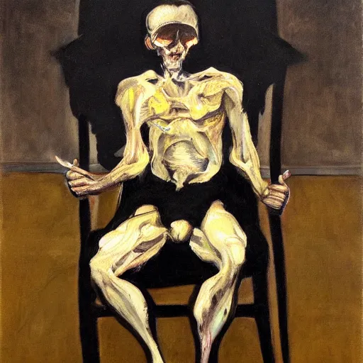 Prompt: a painting of a man sitting in a chair, a fine art painting by francis bacon, trending on artstation, shock art, oil on canvas, macabre, apocalypse art