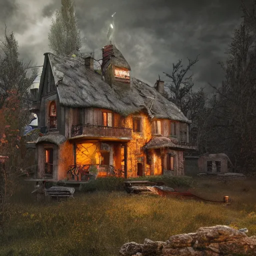 Prompt: a witches house, epic scene, redshift render, cgi, hyper - detailed, photo - bash, 8 k post - production, masterpiece