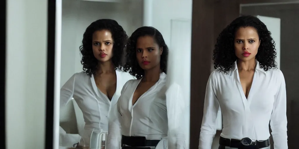 Image similar to ultra wide angle photo of gugu mbatha - raw dressed in a white blouse and black dress pants as diana prince looking at herself in a bathroom mirror and seeing her reflection as wonder woman