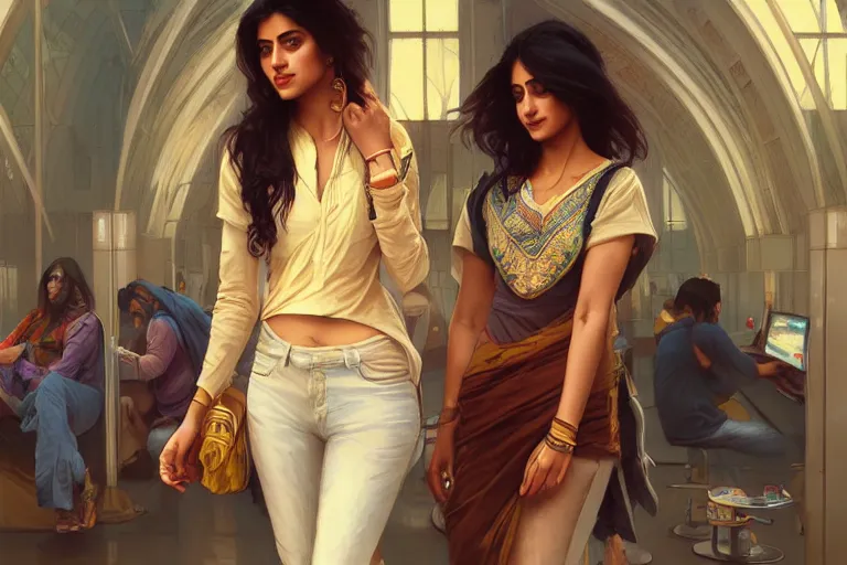 Image similar to Optimistic good looking pale young Indian doctors wearing jeans at the airport, portrait, elegant, intricate, digital painting, artstation, concept art, smooth, sharp focus, illustration, art by artgerm and greg rutkowski and alphonse mucha