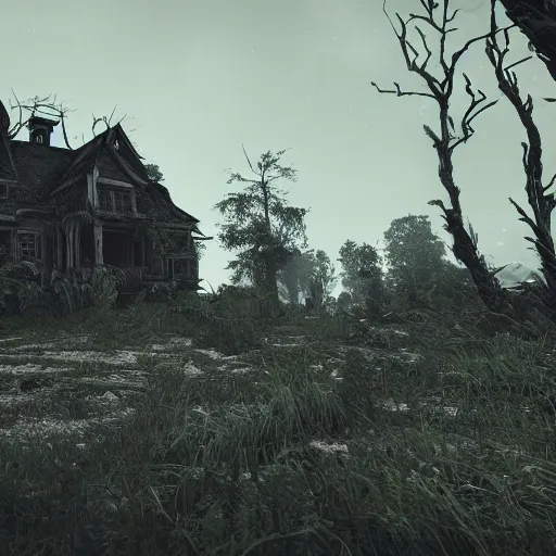 Image similar to a creepy scene of a swampy area with a house in the background, a screenshot by senior environment artist, polycount, gothic art, cryengine, playstation 5 screenshot, unreal engine 5