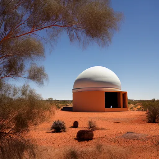 Image similar to robot with giant extrusion nozzle printing a domed house in the australian desert, XF IQ4, 150MP, 50mm, F1.4, ISO 200, 1/160s, dawn