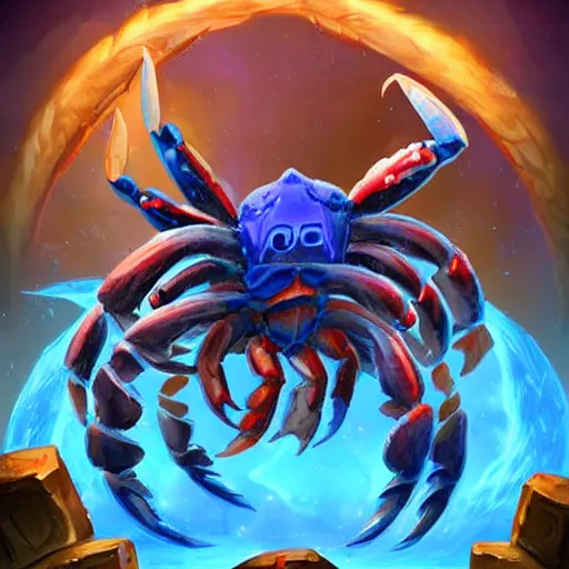 Image similar to blue giant ((crab monster)) with giant crab claws, giant crab claws fantasy digital art, magical background in the style of hearthstone artwork