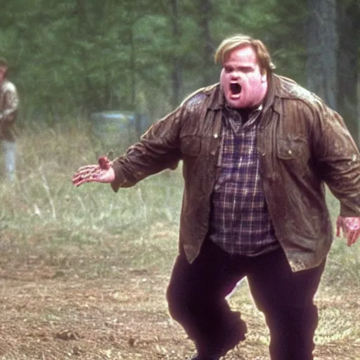 Image similar to chris farley as an actor on walking dead killing zombies highly realistic photo