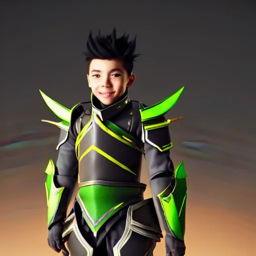 Image similar to a young boy with the appearance and armor of genji from overwatch, design, octane render, 4 k, ingame shot