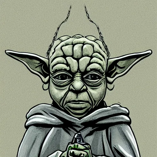 Prompt: Master Yoda using the urinal in one of the bathrooms of the Death Star, highly detailed digital art, illustration, trending on artstation