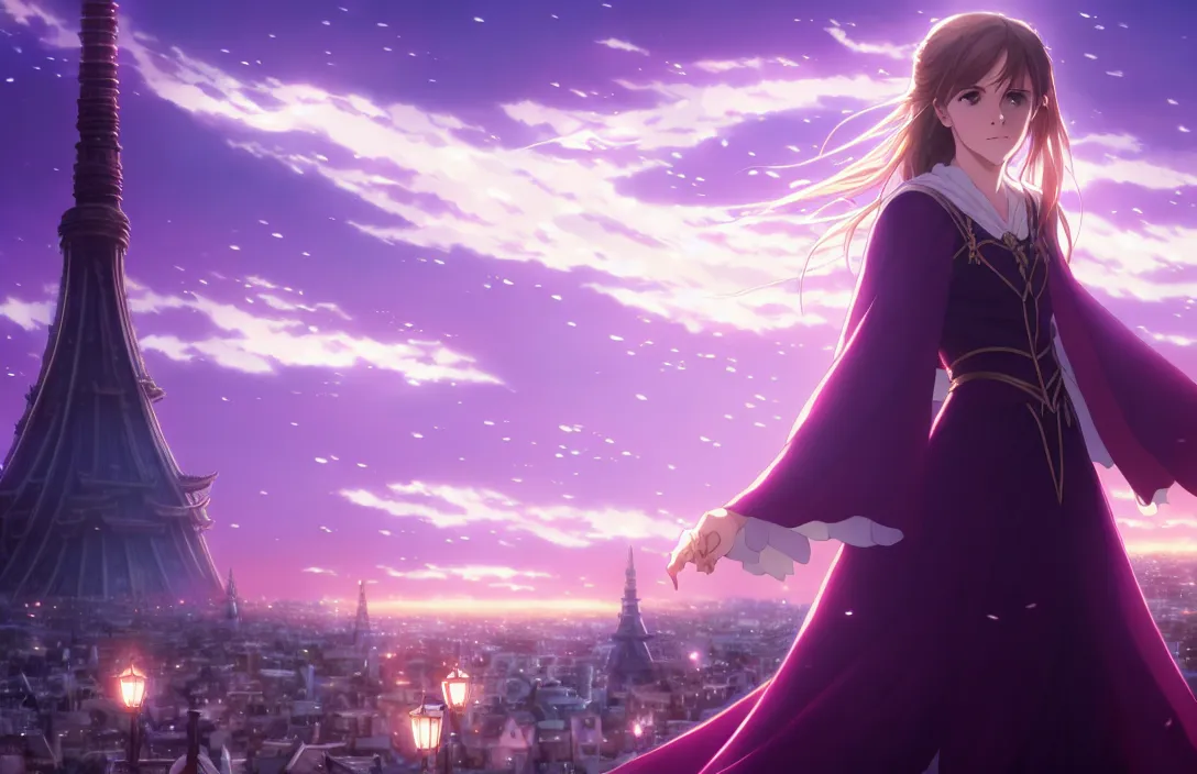 Image similar to medium portrait emma watson in heavens feel movie, detailed face, violet evergarden, tokyo, ufotable, key visual, cinematic, city background, night time, street, fate stay night, unlimited blade works, greg rutkowski, high resolution, street clothes, anime, high budget