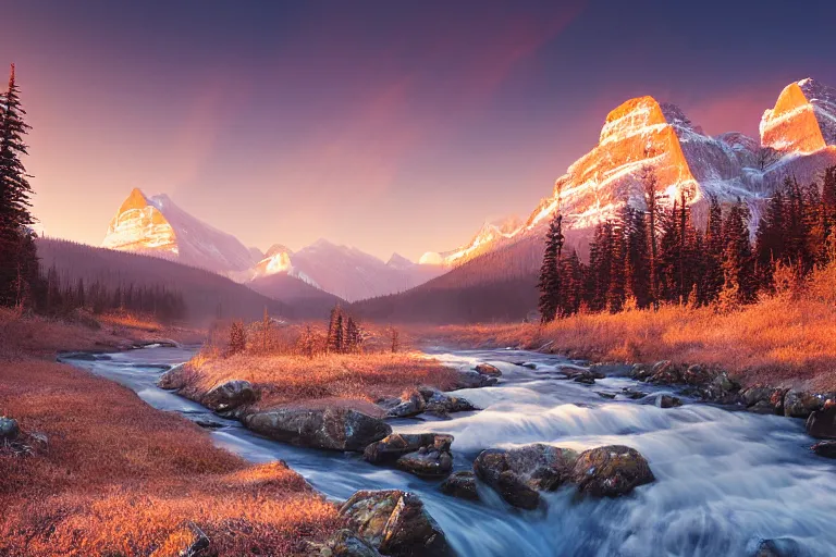 Prompt: an epic landscape painting of the three sisters mountains in canada, with snow on its peak, at sunrise in springtime, with a small river in the foreground, painted by andreas rocha, atmospheric, volumetric lighting, rolling fog, breathtaking, highly detailed