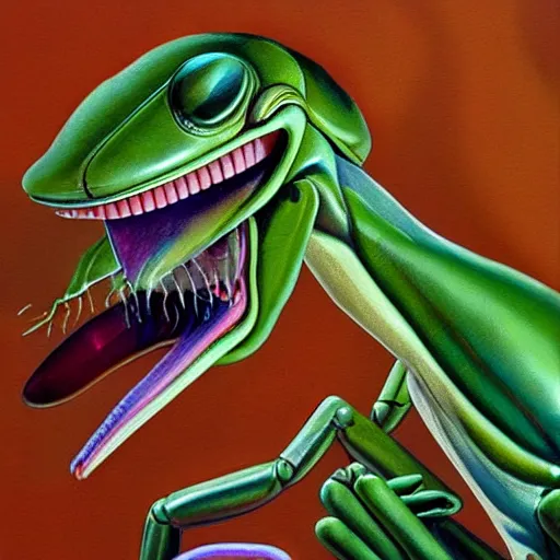 Image similar to beautiful lifelike painting of praying mantis, hyperreal detailed facial features and uv lighting, art by ed roth and basil wolverton