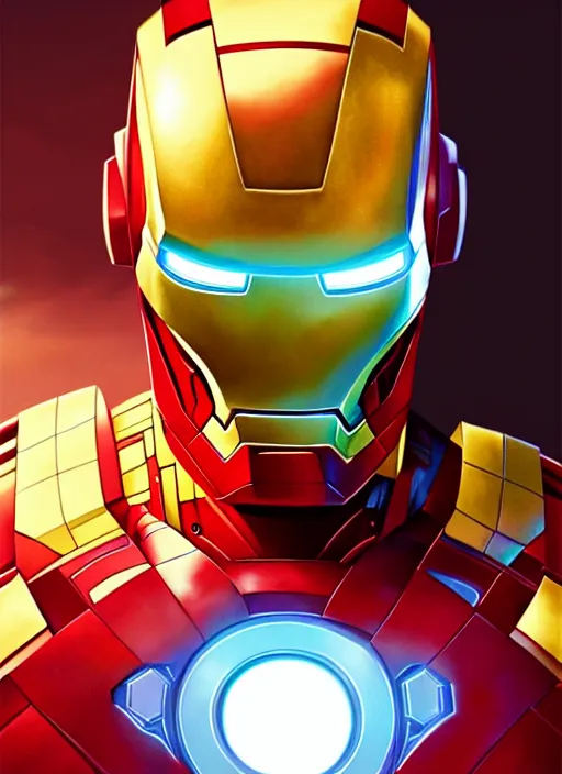 Image similar to highly detailed portrait of iron man, stephen bliss, unreal engine, greg rutkowski, loish, rhads, beeple, makoto shinkai and lois van baarle, ilya kuvshinov, rossdraws, tom bagshaw, tom whalen, alphonse mucha, global illumination, god rays, detailed and intricate environment