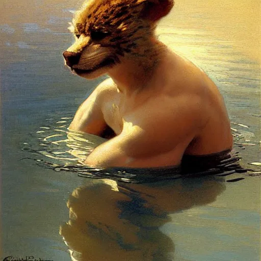 Prompt: a portrait of a furry in the pool, furry body, furry arms, furry legs, furry tail. highly detailed painting by gaston bussiere, craig mullins, j. c. leyendecker, furry