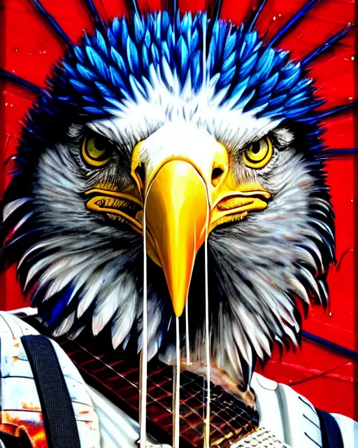 Image similar to a portrait of an anthropomorphic cyberpunk bald eagle screeching while strumming an acoustic guitar by sandra chevrier, by jon foster, detailed render, tape deck, epic composition, cybernetics, 4 k realistic, cryengine, realistic shaded lighting, sharp focus, masterpiece, by enki bilal