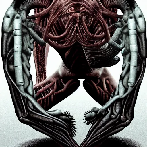 Image similar to a human animal hybrid, alien cyborg, body horror, morphing