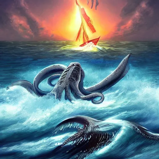 Prompt: beautiful digital art of the Kraken rising from the sea to attack a ship, while a lighthouse glows behind it.