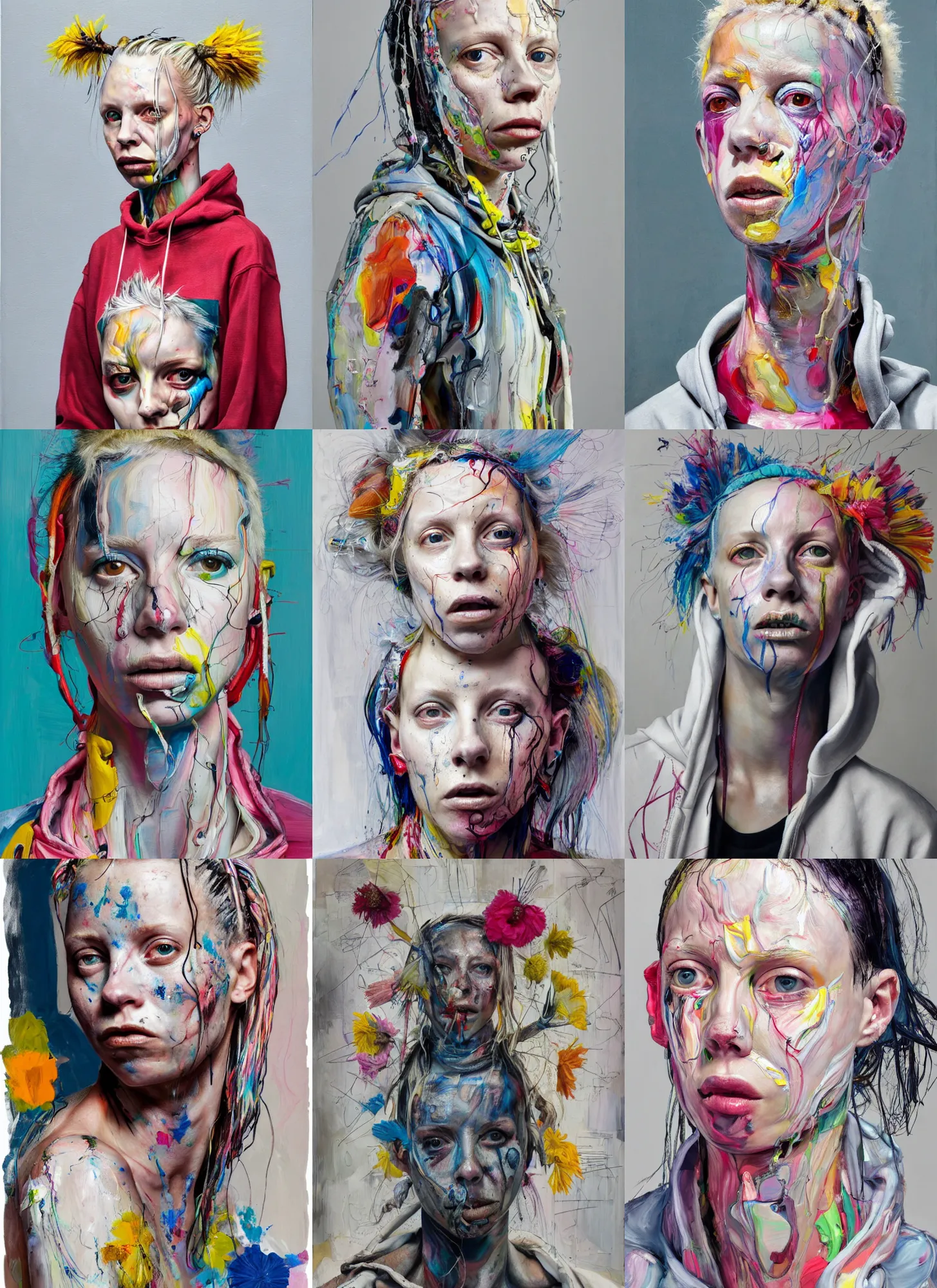 Prompt: painting by jenny saville of yolandi visser wearing a hoodie standing in a township street in the style of jenny saville, street fashion outfit, haute couture fashion shoot, full figure painting by jenny saville, decorative flowers, 2 4 mm, die antwoord