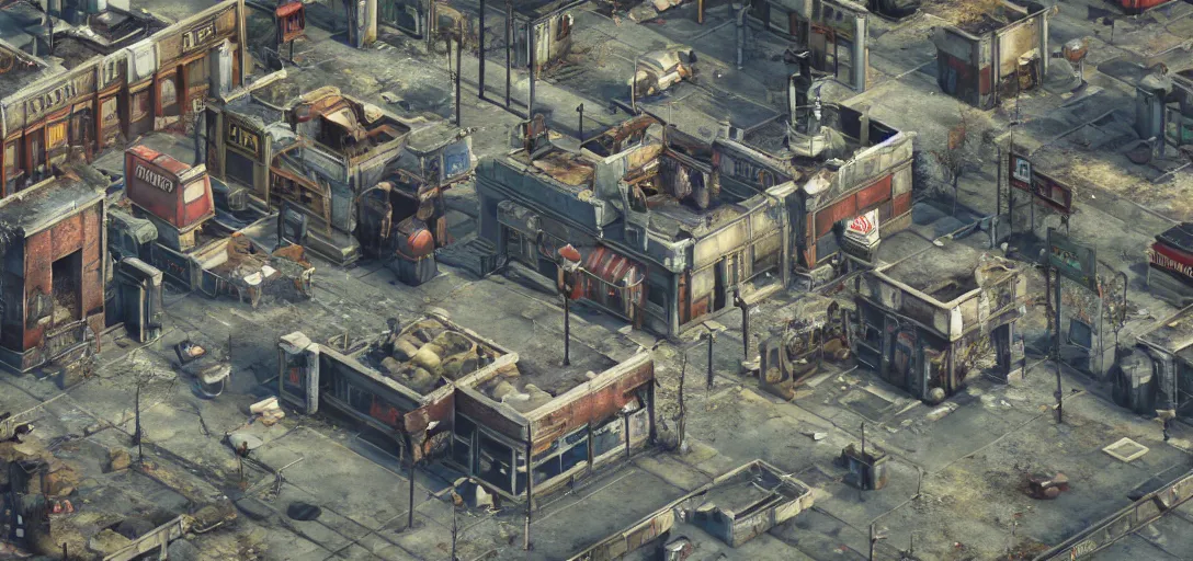 Image similar to Isometric 3d octane render of Fallout 4 Diamond City