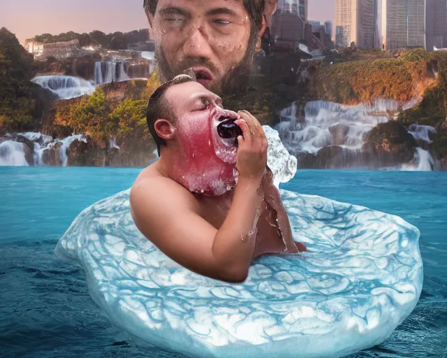 Prompt: a massive porcelain sculpture on the ocean water of a man's face crushed on a giant donut spewing a waterfall of jelly from his mouth, funny sculpture, lucid dream series, cinematic, hyper - realistic, very detailed, realistic water splashes, ray tracing, 8 k resolution, long - shot, sharp focus, low angle, 8 5 mm photograph, wide lens