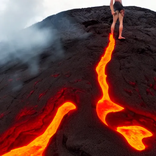 Prompt: back of a man submerged in flowing lava on a volcano with magma eruptions