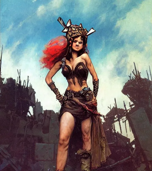 Image similar to mighty princess of the wasteland, scrap metal headdress, damaged building, strong line, deep color, cloudy sky, beautiful! coherent! by brom, by frank frazetta,