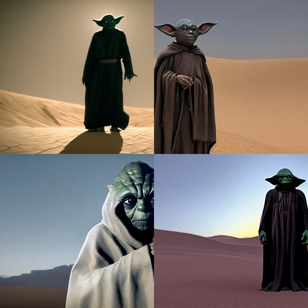 Prompt: still of a hooded dark Yoda from Starwars as a Sith Lord, in the desert, cinematic lighting, cinematic composition, depth of field, award-winning