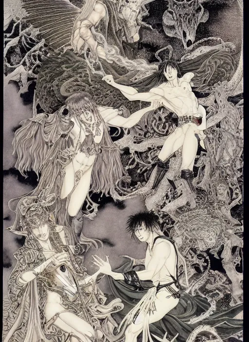 Image similar to battle between good and evil , battle between angels and demons, by and Austin Osman Spare and Takato Yamamoto and Yoshitaka Amano, high resolution, ultra detailed