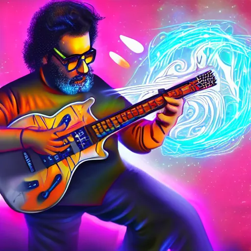 Image similar to a Jerry Garcia guitarist playing so intensely there is electricity shooting out from his guitar, energy beams under his finger tips, and magic sparkles from the freboard, amazing ditial art, trending on artstation, featured on deviantart