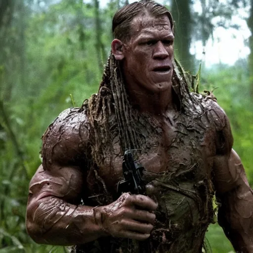 Image similar to film still of john cena as major dutch, covered in mud and hiding, predator!!!!!!!! looks for him in swamp scene in 1 9 8 7 movie predator, hd, 8 k