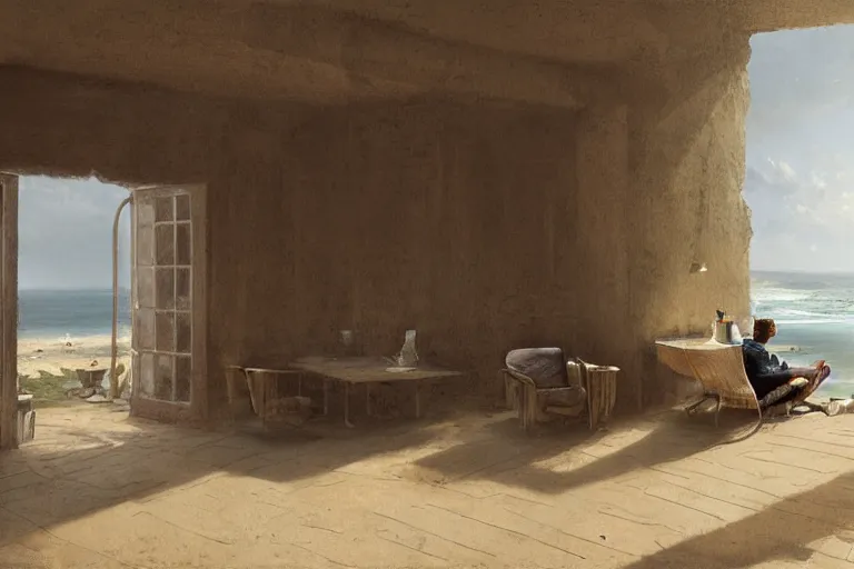 Prompt: a matte painting of a man sitting down and having a cup of tea in his house by the beach, by greg rutkowski, muted colors