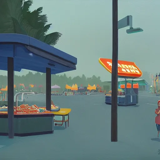 Image similar to fast food counter by the beach by simon stalenhag