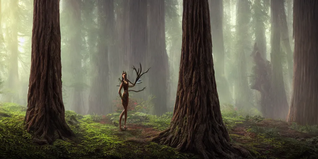 Prompt: detailed matte painting portrait of a menacing dryad in a redwood forest, dramatic lighting and composition, surreal background, octane render, pixar, trending on artstation, concept art, comic book, volumetric lighting 8 k