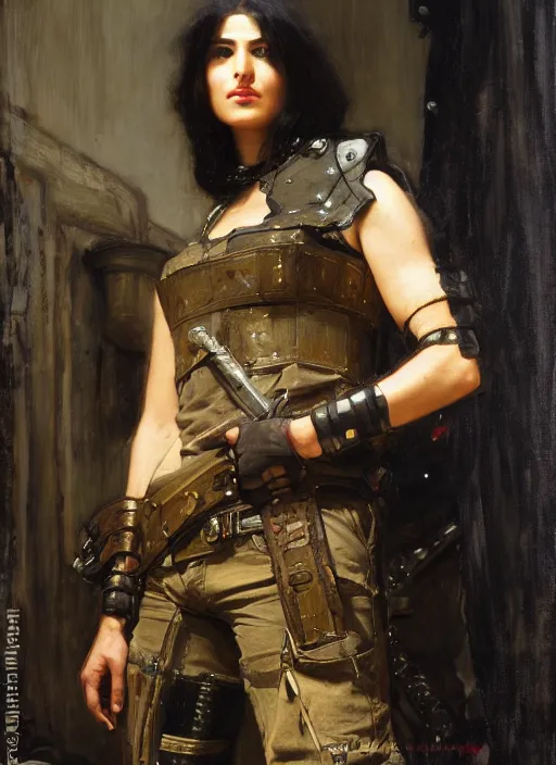 Prompt: beautiful cyberpunk mercenary wearing military vest. Iranian orientalist portrait by john william waterhouse and Edwin Longsden Long and Theodore Ralli and Nasreddine Dinet, oil on canvas. Cinematic, hyper realism, dramatic lighting, high detail 4k