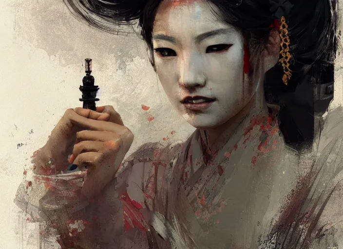 Prompt: female geisha girl, beautiful face, rule of thirds, intricate outfit, spotlight, by greg rutkowski, by jeremy mann, digital painting