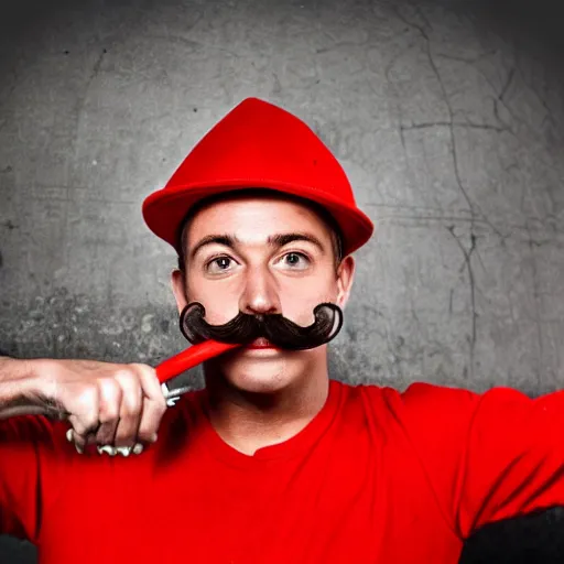 Image similar to an plumber wearing a red outfit and having a moustache and a red hat saying m, cinematography, photography, highly defined features, hdr,