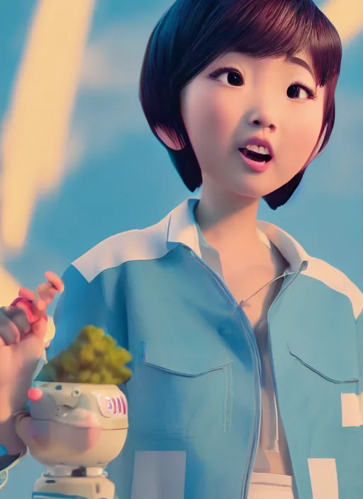 Image similar to a cute Asian girl singing, short stylish hair in the style of pixar animation, mid-shot, low angle view, 16mm lens, award winning, hyper detailed, studio lighting, artstation, octane renderer, unreal engine