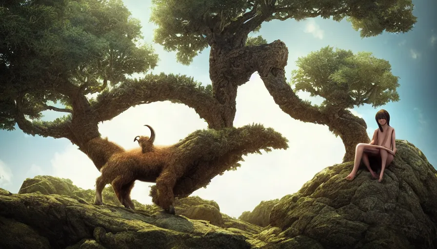 Image similar to very very small goat, sitting on a gigantic dragon tree in socotra island by ilya kuvshinov, rtx rendering, octane render 1 2 8 k, maya, extreme high intricate details by tom bagshaw, medium shot, close up shot, composition by sana takeda, lighting by greg rutkowski