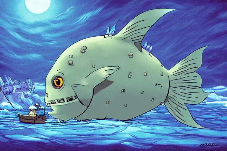 Image similar to cell shaded cartoon of a giant lovecraftian mechanized grey sunfish from howl's moving castle ( 2 0 0 4 ), in an icy river, full body, wide shot, very muted colors, post grunge, studio ghibli, highly detailed, deviantart, art by artgem