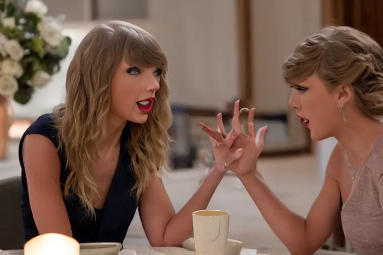 Image similar to photo of Taylor Swift having a conversation with Taylor Swift