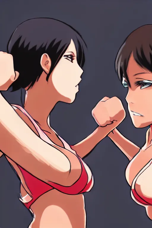 Prompt: two beautiful female fighters with short hair facing each other in the gym, dim lighting, gorgeous features, high definition, sharp focus, detailed anime art