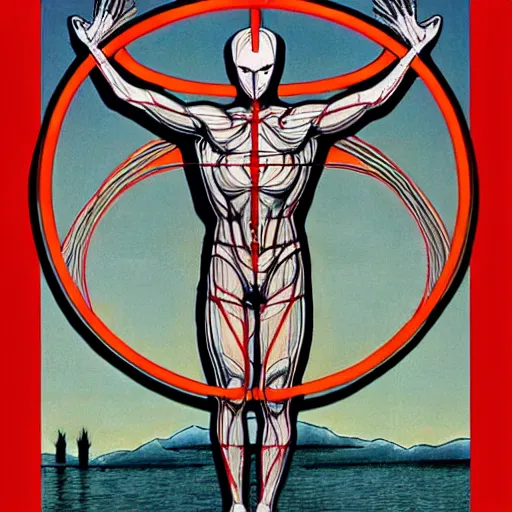 Image similar to ultraman vitruvian man bu james jean, surrealism