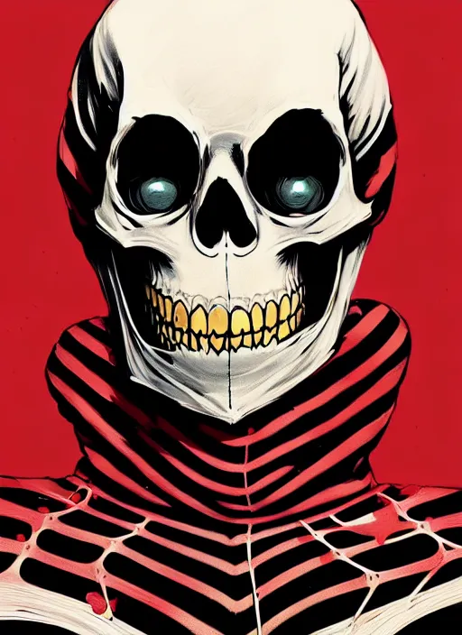 Prompt: highly detailed closeup portrait of a skeleton in spiderman suit with skeleton skull head, black hoodie by atey ghailan, by greg rutkowski, by greg tocchini, by james gilleard, by joe fenton, by kaethe butcher, gradient, red, gold, black, brown and white color scheme, grunge aesthetic!!! white graffiti tag wall background