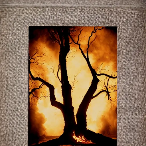 Image similar to oak tree engulfed in flames by Diane Arbus and Louis Daguerre. highly detailed. 85mm, Bokeh