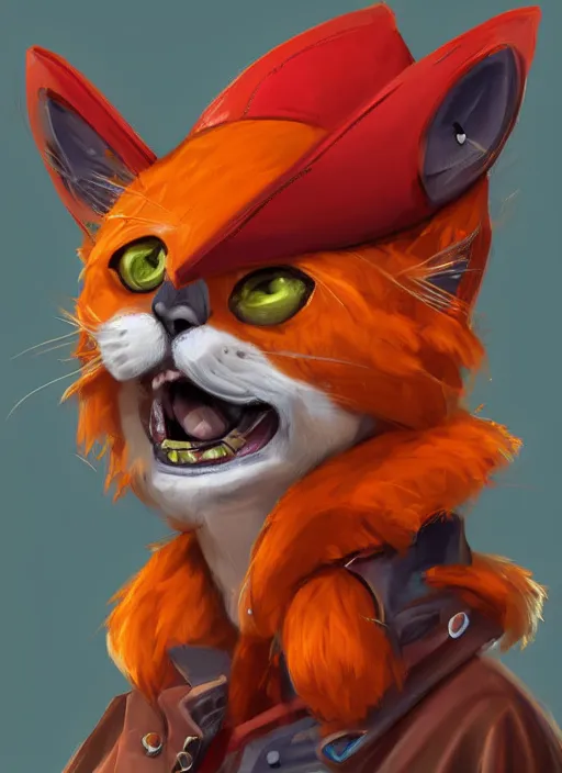 Image similar to digital art of an anthropomorphic orange cat with a red pirate coat and a tricorne hat, smug but playful, realistic, artstation, art by tyler jacobson, highly detailed, colorful, dramatic