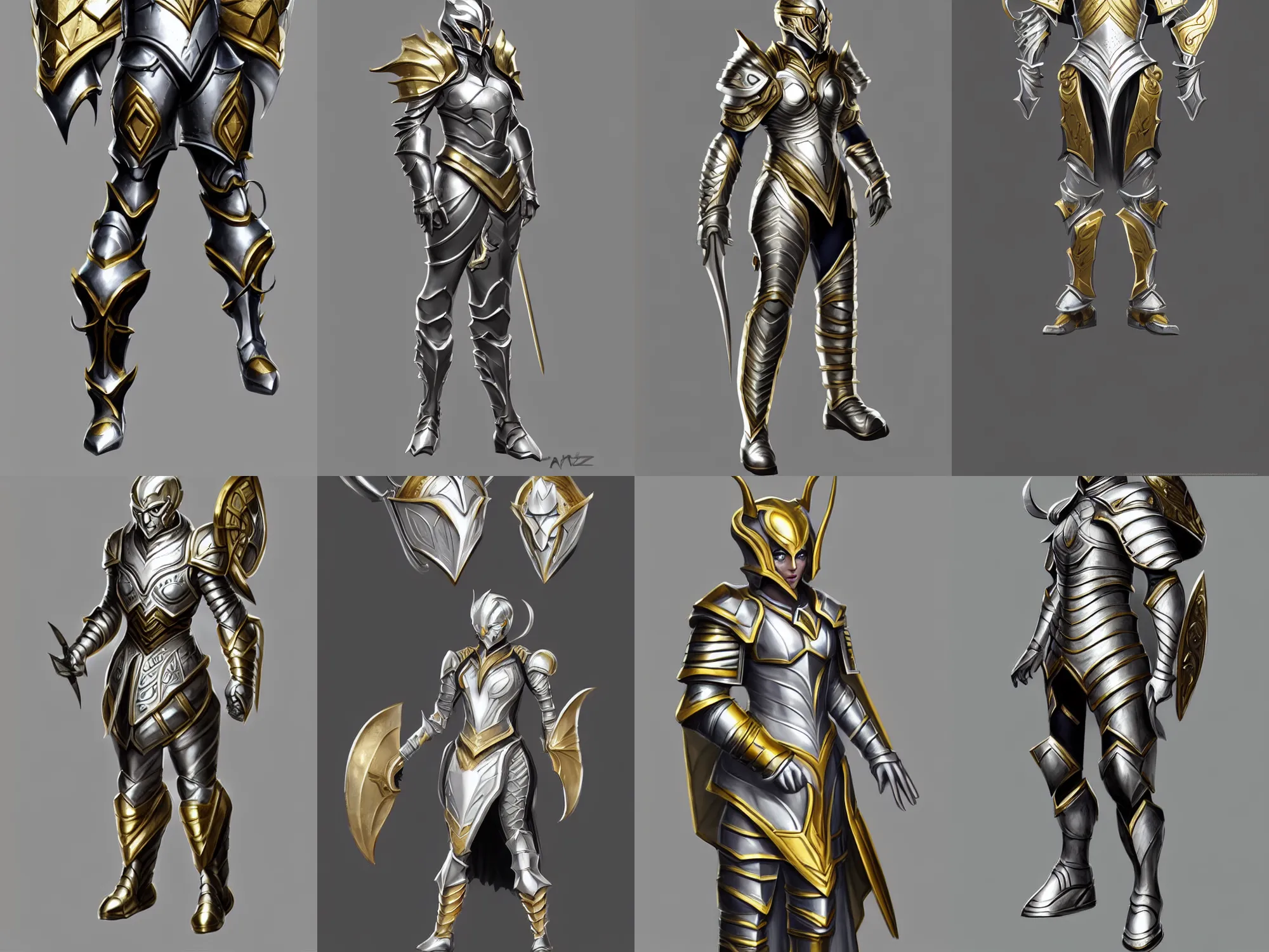Prompt: incredible fantasy armor, silver with gold trim, extremely polished, exaggerated proportions, flat shading, smooth, uncluttered, extremely clean, trending on artstation, fantasy character portrait, professional concept art, front view, A-pose, full body