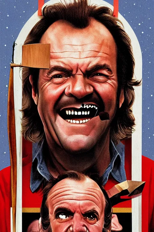 Image similar to a movie poster for the film the shining featuring a large portrait of jack nicholson's face and an axe in the style of the grand budapest hotel.