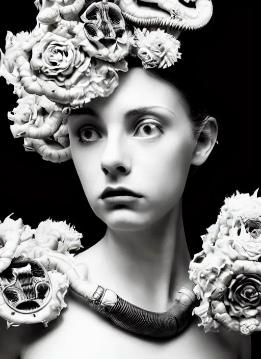Image similar to a black and white high quality dreamy photo of a young beautiful female queen-pale dragon-vegetal-many big steampunk flowers-cyborg bust with a very long neck, elegant, highly detailed, poetic, soft, dreamy, mysterious, high fashion, in the style of Diane Arbus, Realistic, Refined, Digital Art, Highly Detailed, Cinematic Lighting, rim light, black and white, photo-realistic, 8K