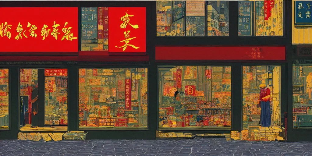 Image similar to a shop window in hong kong, by dan mumford and peter doig and edward hopper, minimal, black in, thick lines highly detailed, muted colours, overlaid with chinese adverts, 8 k