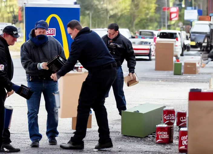 Image similar to film still of fbi agents searching boxes filled with coke cans and mcdonalds boxes in the new political thriller movie, 8 k