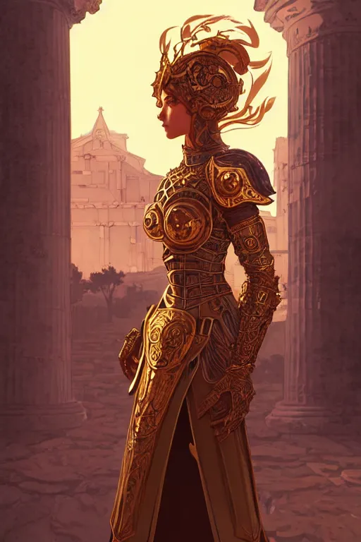 Image similar to portrait knights of zodiac girl, golden and copper armor, in ruined agora of athens sunrise, ssci - fi and fantasy, intricate and very very beautiful and elegant, highly detailed, digital painting, artstation, concept art, smooth and sharp focus, illustration, art by tian zi and wlop and alphonse mucha and ilya kuvshinov