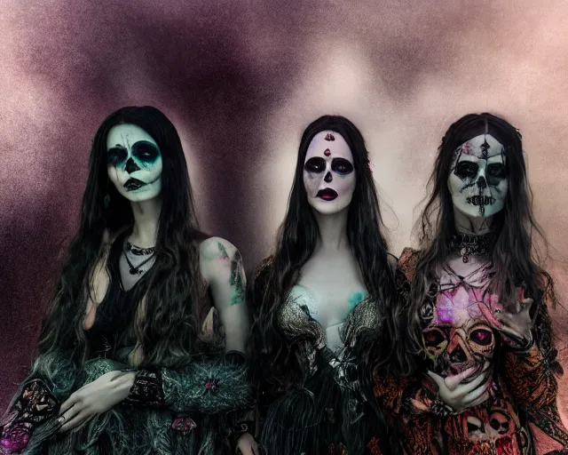 Image similar to three stunning otherworldly gothic goddesses of beauty wearing psychedelic wicca and skulls, full body, dark and mysterious, atmospheric, ominous, eerie, cinematic light, epic, 8 k 3 d, ultra detail, ultra realistic